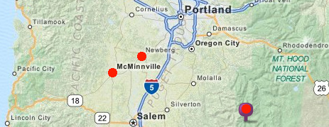 The purple and red marker is Bagby Hot Springs in Oregon's Mt. Hood National  Forest about 67 miles southeast of Dundee, red circle between McMinnville and Newberg.