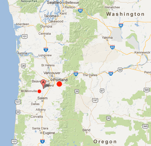 Dundee (vineyard) and nearby Yamhill (Scottish Highlands on farm) in Yamhill County, Oregon, are marked by the map marker about12 miles northeast of McMinnville and 27 miles southwest of Portland.