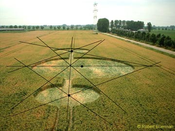  Robert Boerman used dowsing rods to detect energy leylines in the wheat field and reports that the leylines crossed at the centers of each of the three circles and also defined the exterior perimeters of the circles. Graphic overlay of leylines as he detected them © 2003 by Robert Boerman.