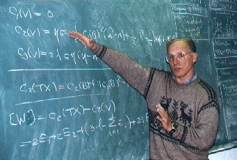Some of the mathematical equations used by particle physicist Burt A. Ovrut, Ph.D., at the University of Pennsylvania Physics Department to "work in" the theoretical 5th dimension. Photograph © 2001 by Linda Moulton Howe.
