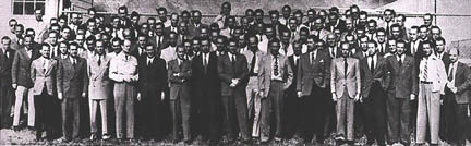 The original Project Paperclip Team at Fort Bliss in White Sands, New Mexico, 1940s. Werner von Braun is sixth from right in front row. Photo from Smithsonian Museum.