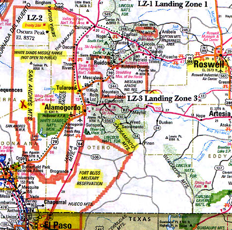 Franklin Mountains in El Paso south of Fort Bliss Military Reservation, Alamogordo/Holloman AFB and White Sands Missile Range, known as White Sands Proving Ground in the 1940s to 1950s. LZ-1, LZ-2 and LZ-3 mark the three July 4 - 6, 1947, disc crash retrieval sites discussed in leaked government documents. See: Majestic Documents.com.