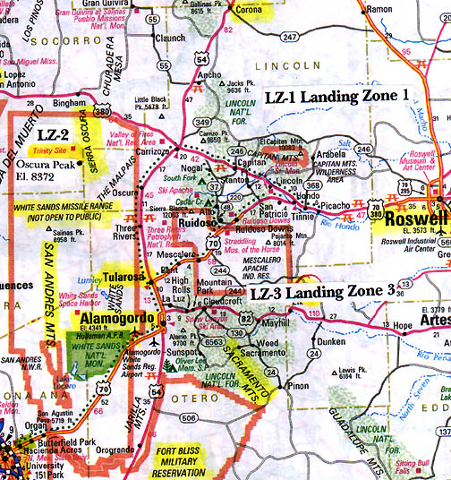 White Sands Missile Range today (White Sands Proving Ground in 1947). LZ-2 was Landing Zone 2 where Majestic-12 documents describe the crash of an "interplanetary" vehicle from which both non-human bodies and advanced technologies were retrieved July 4-6, 1947. Area 29 includes all of the Trinity Site, Landing Zone 2 and Oscura Peak.