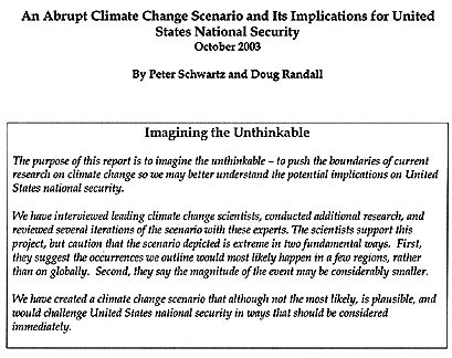 Title page of futurist study commissioned by the Pentagon's Office of Net Assessment, finalized in October 2003 and leaked via media on February 22, 2004.
