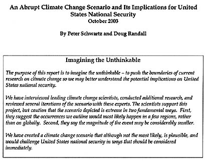 Title page of futurist study commissioned by the Pentagon's Office of Net Assessment, finalized in October 2003 and leaked via media on February 22, 2004.