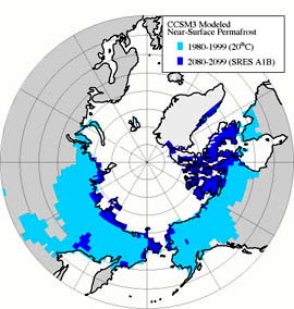 Regions containing permafrost within the top 11 feet of soil could decrease by as much as 90% across the Arctic over the next century, based on simulations by the NCAR Community Climate System Model. Shown are areas with near-surface permafrost in the CCSM simulations for 1980-1999 (light blue) and 2080-2099 (dark blue). The latter projection is based on the Intergovernmental Panel on Climate Change's A1B emissions scenario, often called the "business as usual" scenario.  Image courtesy David Lawrence.