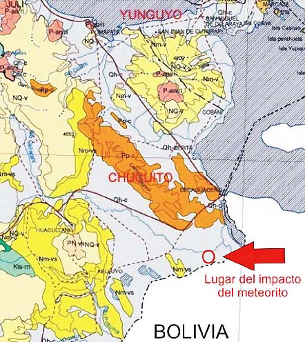 Red circle and arrow identify meteorite impact crater site in Carancas, Peru, south of Yunguyo at the southern end of Lake Titicaca. Map created by Jose Machare, Ingemmet.