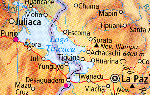 Not far from Lake Titicaca and Puno in southern Peru, is the small farming town of Carancas on a high Andean plateau near the Bolivian border (pink circle below Desaguadero).