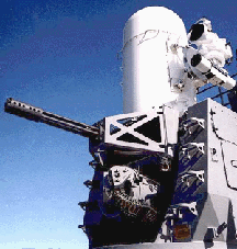 Phalanx fast-reaction, rapid-fire 20-millimeter gun system. U. S. Navy says Phalanx "is the only deployed close-in weapon system capable of autonomously performing its own search, detect, evaluation, track, engage and kill assessment functions." Image courtesy U. S. Navy.