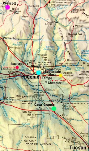  Prescott, Arizona (purple dot) to Paradise Valley (light blue dot) to Casa Grande (green dot) to Tucson - thousands of people along that path saw a series of unidentified aerial lights and a gigantic triangular-shaped craft between 8:00 PM and 10:30 PM on March 13, 1997. Luke AFB northwest of Phoenix is marked with a red dot.