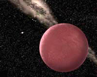 Planet X, or Xena, or 2003 UB313, illustrated as red in color because it has a surface  of frozen methane similar to Pluto, "Easterbunny," and Sedna. Nine billion miles from the sun,  Xena is 20 to 30 percent larger than Pluto. Illustration by Cal Tech.