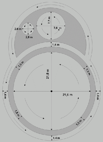 May 15, 2004 wheat formation in Zabno, Poland, west of Warsaw. Length measured 36.5 meters (120 feet) and width 27.4 meters (90 feet). Diagram © 2004 by Michal Osesek, CBUFOiZA.