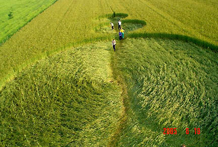 Reported June 18, 2005, three circles in a rye field in the village of Papros, 25 kilometers south of Inowroclaw in Central Poland. Largest circle was nearly 21 meters (69 feet) in diameter, the middle circle was nearly 8 meters (26 feet) in diameter and the smallest circle was about 6 meters (20.5 feet) in diameter. Photograph © 2005 by IRG Torun.