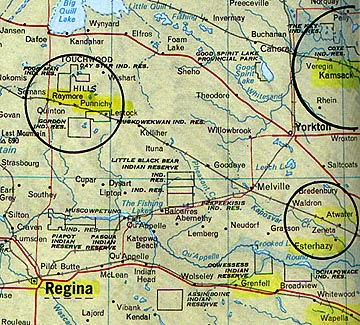 Saskatchewan has had the heaviest Canadian concentration of crop formations since the mid-1990s. The particular southeast region of the province shown in this map is one of the hot spots where patterns keep appearing year after year. In 2002, Punnichy in the far left circle had a series of four formations in wheat. The latest in the season, a 9-circle pattern discovered by a pilot on October 10, 2002, was discovered in a Kamsack wheat field, upper right circle.