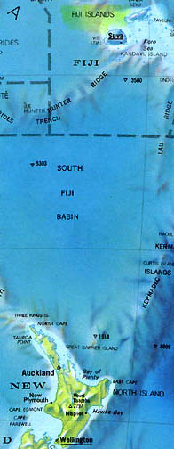 Fiji island chain north of Auckland, New Zealand, which is also north of Antarctica.