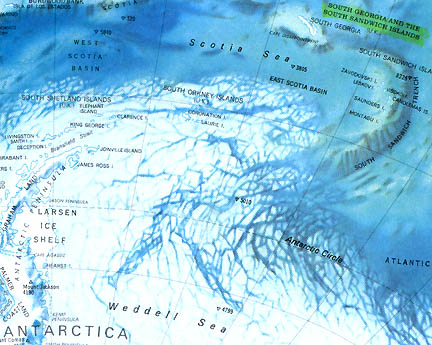 Upper right corner of map (yellow) is location of the South Georgia and South Sandwich Islands north of Antarctica. 