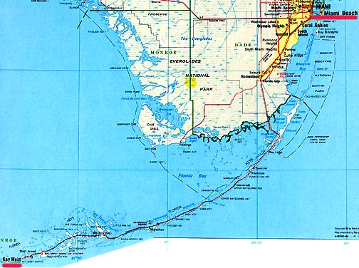 Key West in far lower left corner is 129 miles southwest from Miami in upper right corner. 