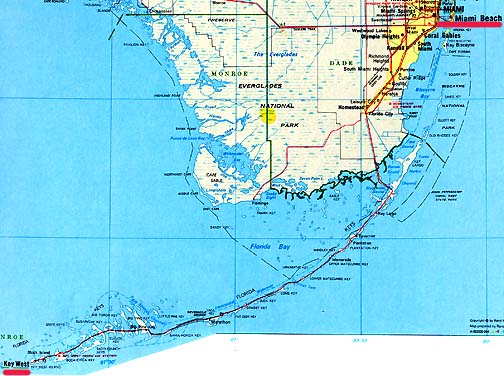 Key West in far lower left corner is 129 miles southwest from Miami in upper right corner.
