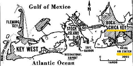 U. S. Naval Air Station on Boca Chica Key launched F-104s after unidentified targets under orders by NORAD in Cheyenne Mountain, Colorado, as Bill and Dennis listened on the COMNET and NORAD net. Map provided by Bill.