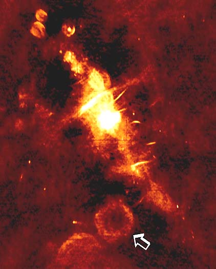 Radio image of the central region of our Milky Way Galaxy. The white arrow points at the SNR 359.1-00.5 region where intense radio bursts repeated five times spaced 77 minutes apart on the night of September 30, 2002, to October 1, 2002. Image courtesy Northwestern University.