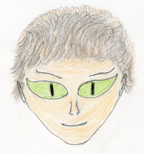 Sketch by Helen Littrell of Racheal Nadien as she saw the large, solid “avocado green with vertical black slit” eyes of the alleged alien-human hybrid from Zeta Reticuli 1 brought to Earth in a “Humanization Program” operated underground at “Four Corners” on the north end of Area 51, Groom Lake, Nellis AFB. Illustration © May 11, 2014 by Earthfiles.com and Helen Littrell.