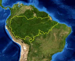 Map of Amazon rainforest by the World Wildlife Fund. Yellow line shows rainforest's boundary. Satellite image courtesy NASA.