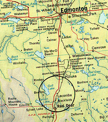 Red Deer and Lacombe are about 100 miles south of Edmonton, Alberta,   a larger city which has also had several crop formations in its fields since the late 1990s.