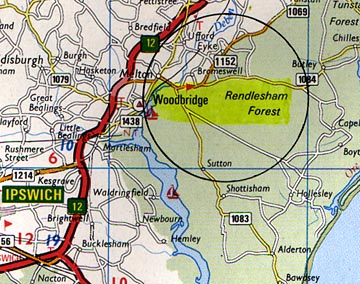 Joint British Royal Air Force and U. S. Air Force bases, Bentwaters (not shown) and Woodbridge, are about 3 miles apart with some of the Rendlesham Forest between them.
