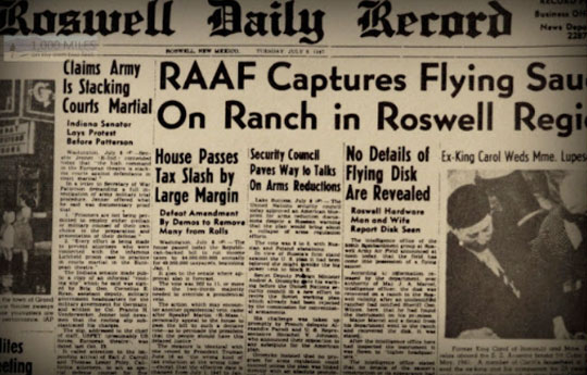 Front page of the Roswell Daily Record, July 8, 1947, printed the day that Roswell Army Air Field 509th Bomb Group Commander Colonel William Blanchard issued a press  release about a crashed “flying disk” retrieved by the RAAF.