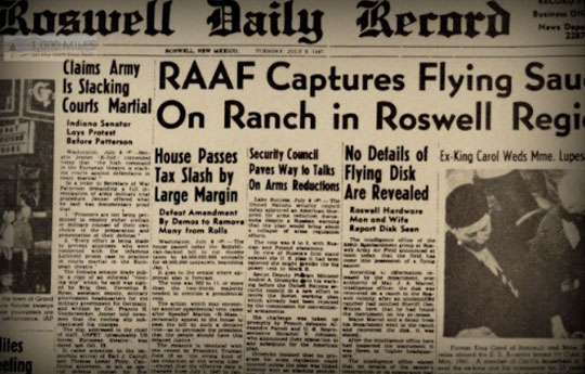 Front page of the Roswell Daily Record, July 8, 1947, printed the day that Roswell Army Air Field 509th Bomb Group Commander Colonel William Blanchard issued a press release about a crashed “flying disk” retrieved by the RAAF.