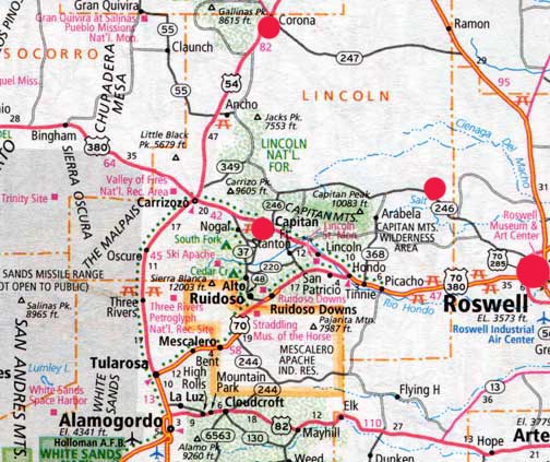 Roswell is larger red circle on far right. Cedar Hill deer hunting trail is smaller red circle on Highway 246 (Pine Lodge Road) just west of Chavez and Lincoln County borders northwest of Roswell. Capitan is middle red circle and Corona is top center of map. Cedar Hill deer trail is 17 miles southeast of the July 4, 1947, crash site between Corona and Roswell.