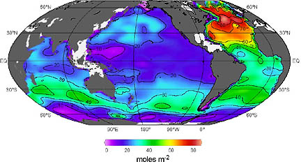 Prof. Sabine: "This is a map of the column inventory of anthropogenic CO2 in moles per square meter. In other words, this is all the CO2 that has accumulated from human activities between the surface and the ocean bottom under each square meter of the ocean. The red area in the North Atlantic reflects the fact that anthropogenic CO2 is being transported into the deep ocean due to the sinking of surface waters that have accumulated anthropogenic CO2."