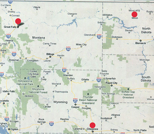 The three red circles mark the location of modern Minuteman III nuclear missiles  manufactured by Boeing in underground silos around Malmstrom AFB, Great Falls, Montana; Minot AFB, North Dakota, and F.E. Warren AFB, Cheyenne, Wyoming.