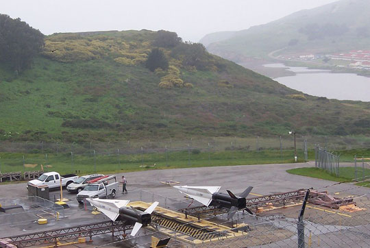 Overlooking the launch site at the former U. S. Army's Fort Barry with Fort Cronkhite visible across Rodeo Lagoon. Fort Baker is a few miles to the east. There were six Nike Hercules missile sites distributed among the three Army forts.