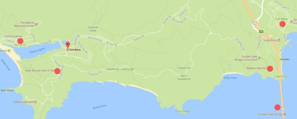 Click on map to enlarge. L-R: Fort Cronkhite, Nike Missile Site SF-88, Fort Barry and far upper right is Fort Baker directly across the waters of the Pacific Ocean flowing from the west into San Francisco Bay beneath the Golden Gate Bridge. UFO and people and pop in car were at the top of a cliff below Battery Spencer southwest of Fort Baker.