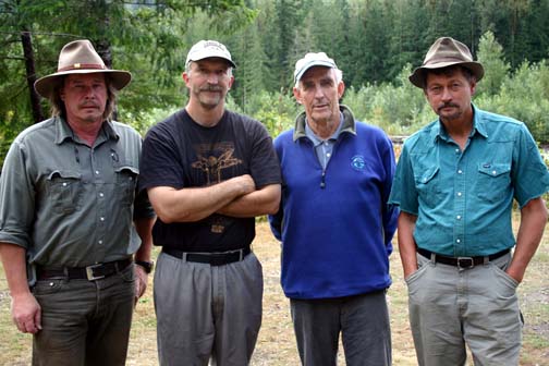 August 2005, searching for Sasquatch in Cascade mountain range of Washington State. Left to right: Richard Noll; Prof. Jeff Meldrum; wildlife photographer and author, Peter Matthiessen; and John Mionczynski. Photograph © 2005 by Richard Noll.