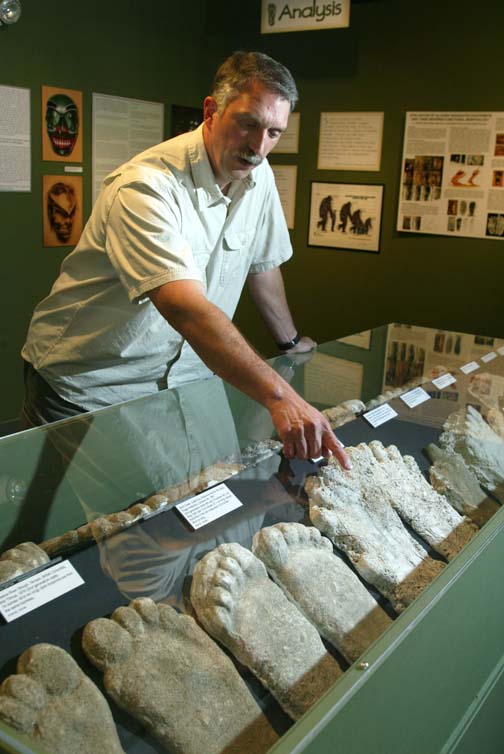 Jeff Meldrum, Ph.D., Professor of Anatomy and Anthropology, Idaho State University, with alleged plaster casts of sasquatch/bigfoot in exhibit at the Museum of Natural History, Pocatello, Idaho, that is open to the public until June 16, 2007. Photograph courtesy Jeff Meldrum.
