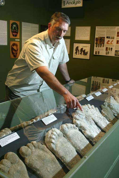 Jeff Meldrum, Ph.D., Professor of Anatomy and Anthropology, Idaho State University, with alleged plaster casts of sasquatch/bigfoot in exhibit at the Museum of Natural History, Pocatello, Idaho, that is open to the public until June 16, 2007. Photograph courtesy Jeff Meldrum.