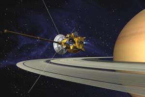 Cassini's four year tour of Saturn, its rings, moons and magnetosphere will begin on July 1, 2004. Artist's conception of Cassini, a plutonium-powered spacecraft carrying 12 science instruments and a probe, in orbit around Saturn. Image credit: NASA/JPL.