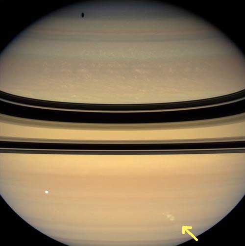 Cassini detected this recent, large electrical storm in Saturn's southern hemisphere at 35 degrees south latitude (above) after nearly two years during which Saturn did not appear to have other large storms. Image credit: NASA/JPL/Space Science Institute.