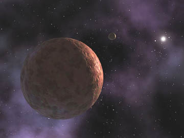 Artist's conception of the cold, distant Sedna. The sun is a tiny point of light, varying 8 to 84 billion miles away from the red planetoid in its bizarre orbit. A hypothesized tiny moon appears nearby. Graphic image courtesy Michael E. Brown, Cal Tech, Pasadena, California.