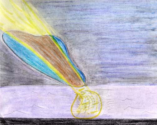 Sketch from memory of bell-shaped disc that zoomed to stand-still position for a couple of seconds about 30 yards from Navy Yeoman, Tom Sheppard, on USS Bowen in the Caribbean, April 1, 1992. Tom said, "The blue color on the disc was so I could show the shape. That night it was more black shadow around the copper color. And the yellow is the moonlight. The moon was to the far left casting reflections from the disc on the moonlit sea. Drawn on March 22, 2006, for Earthfiles © 2006 by Thomas C. Sheppard.