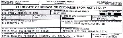  Thomas Colman Sheppard's "Certificate of Release or Discharge from Active Duty," as E-7 Chief Petty Officer, Chief Yeoman, U. S. Navy, on November 30, 1995, after twenty years of service.