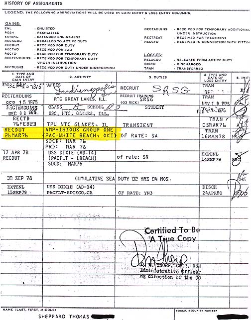 Thomas Sheppard "Naval History of Assignments" includes March 26, 1976 to March 16, 1978, Amphibious Group One, Pac-White Beach, Okinawa.