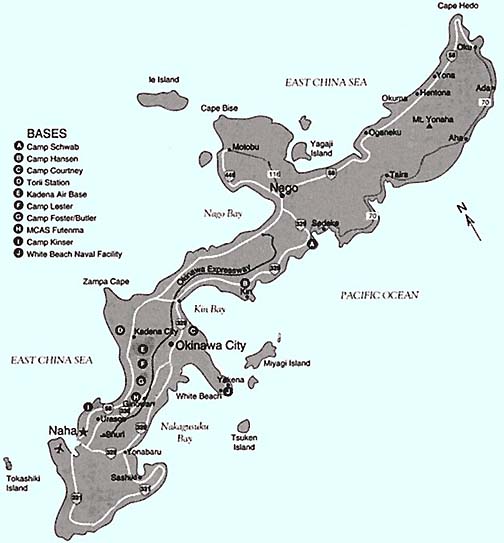 Kadena Air Base at Location E; White Beach Naval Facility at tip of eastern peninsula jutting below Okinawa City. Map courtesy U. S. Navy.