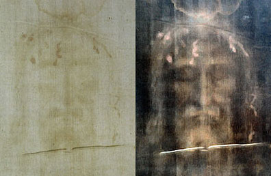 The Shroud of Turin: modern photo of the face, positive left and digitally processed image right.