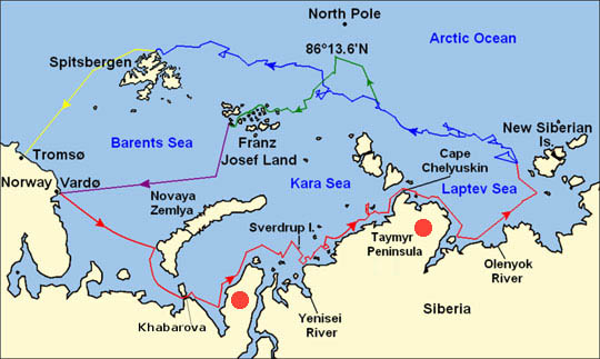 Red circle on left marks "Crater 1" on Yamal Peninsula west of "Crater 3" red circle on Taymyr Peninsula that extend into the Kara Sea between the North Pole and Siberia.