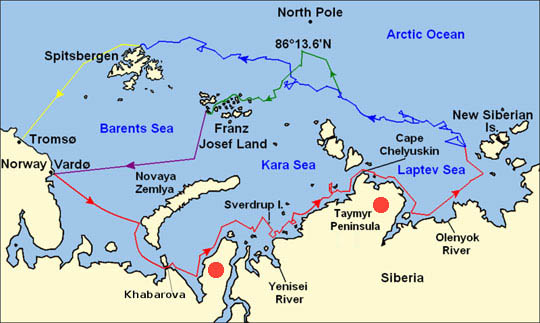 Red circle on left marks "Crater 1" on Yamal Peninsula west of "Crater 3" red circle on Taymyr Peninsula that extend into the Kara Sea between the North Pole and Siberia.
