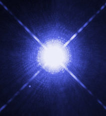 Hubble Space Telescope Wide Field and Planetary Camera image of Sirius A, the brightest star in our nighttime sky, along with its faint, tiny sun companion, Sirius B, in lower left quadrant. Image credit: NASA, ESA, STScl, U. Leicester, U. Arizona.