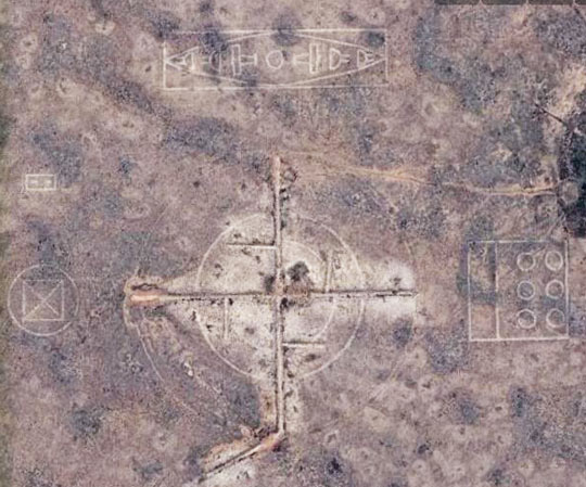 WWII Roswell AAF precision bombing target did use Slavic central pattern surrounded by other patterns. Some targets were more free of impact craters because RAAF sometimes dropped bags of water or sand instead of explosives. Source: NM Bombing Ranges and Targets.